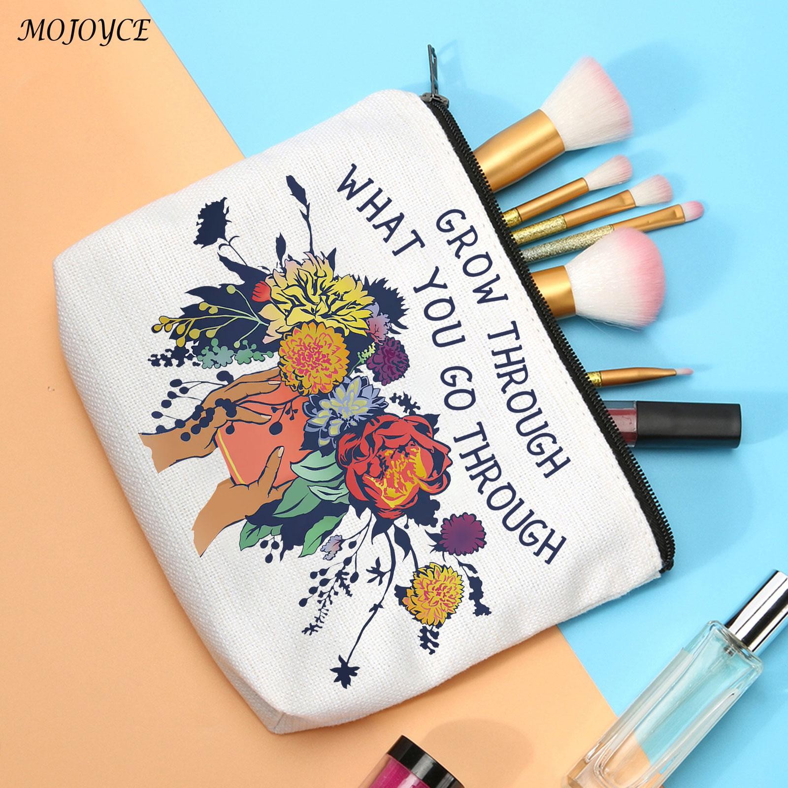 Women Teacher Flower Printed Cosmetic Bag Canvas Zipper Travel Toiletry Bag Swanky Bag Portable Make Up Bags Style for Travel