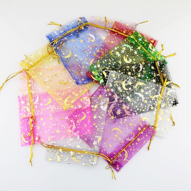 100pcs Moon Star Drawstring Organza Small Drawstring Bags Jewelry Gift Bag Pouch X7YA