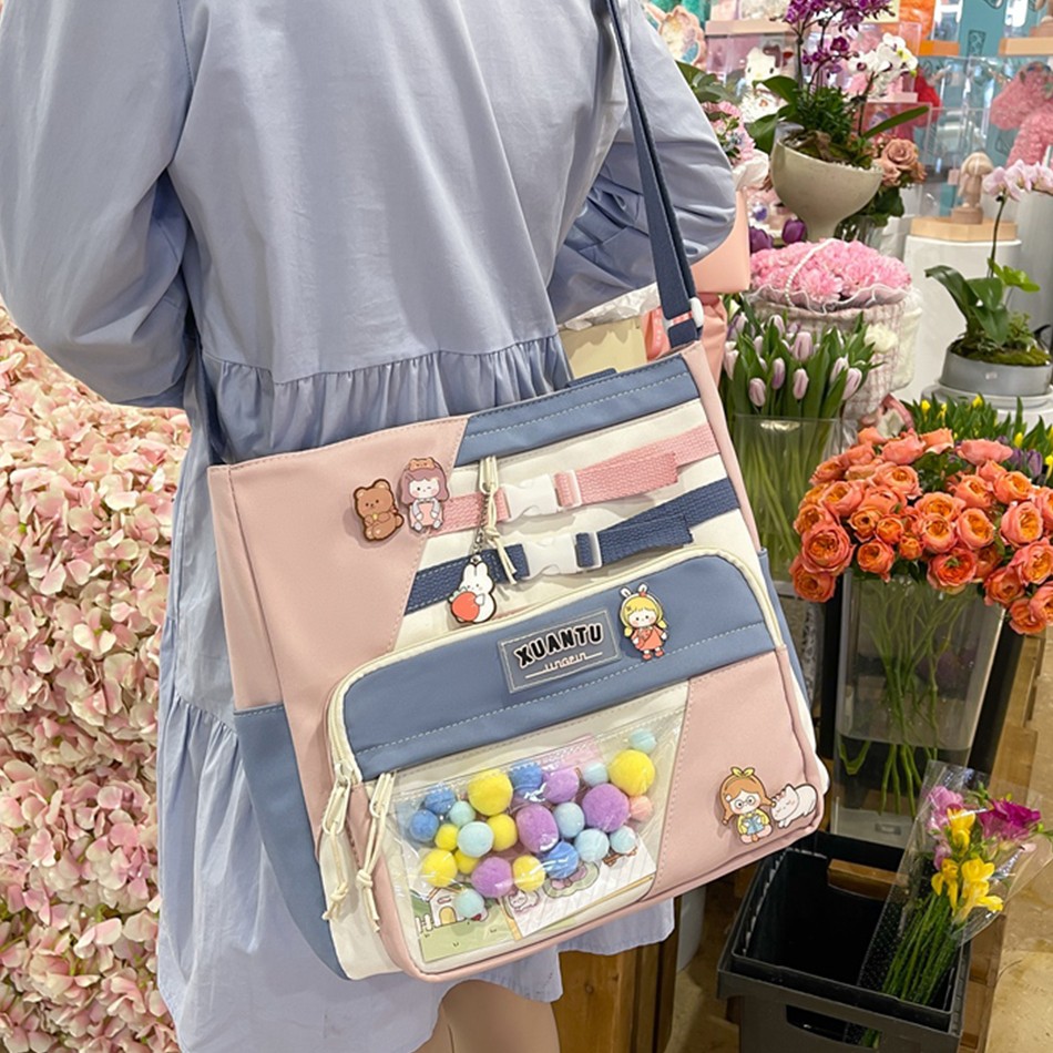 Kawaii Large Capacity Tote Bags Trendy Nylon Patchwork Shoulder School Book Bag For Teen Girls Fashion Student Crossbody Bag Sac