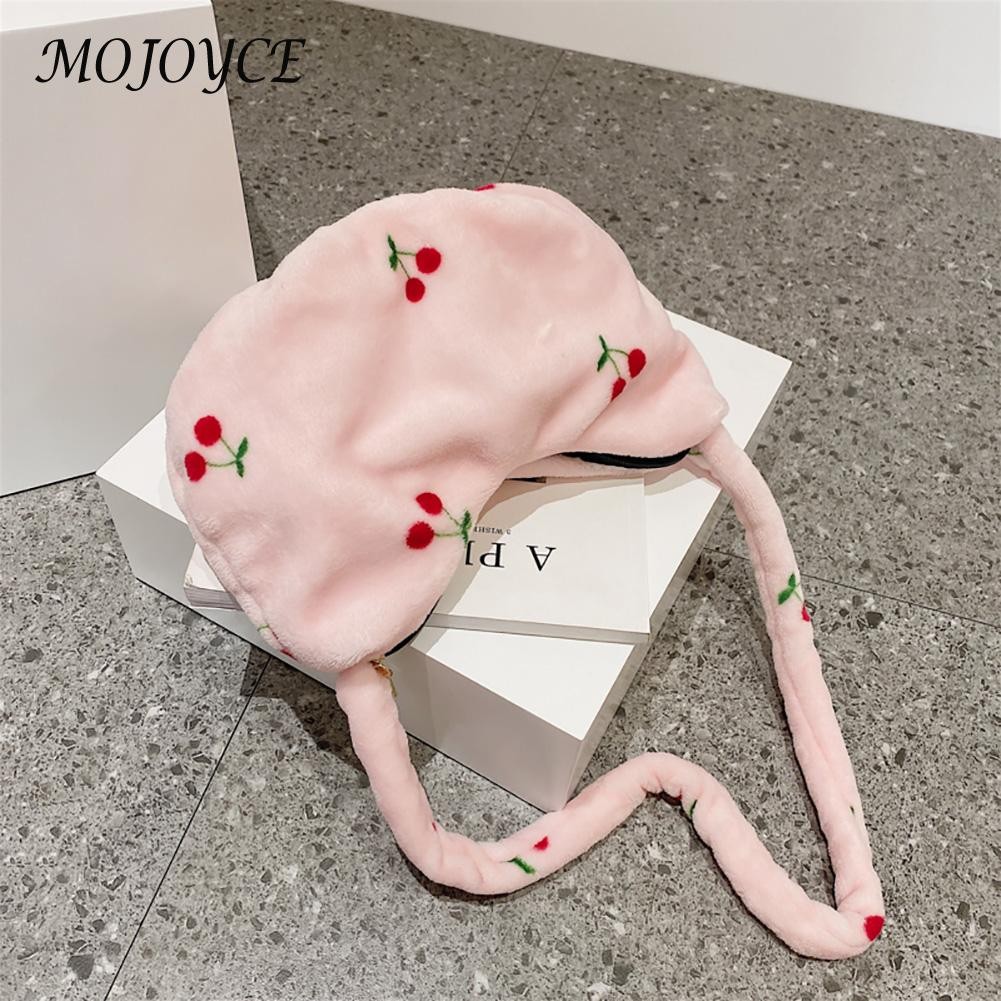 Female Fashion Cherry Pattern Shoulder Bag Winter Mobile Phone Top Handle Bag Warm Plush Tote Decorative Handbag