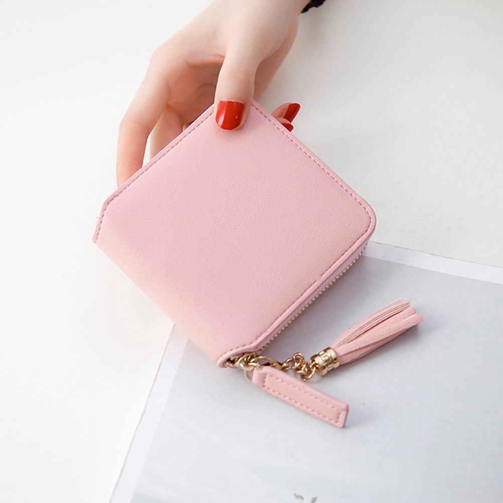 Zipper Closure Soft Short With Tassel Drop Smooth Daily Solid Square PU Leather Fashion Women Wallet