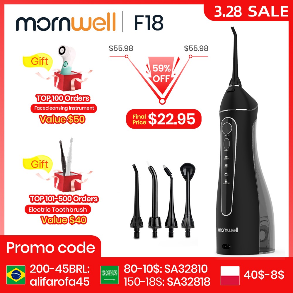 Mornwell Portable Oral Irrigator with Travel Bag Water Flosser USB Rechargeable 5 Nozzles Water Jet 200ml Waterproof Water Tank