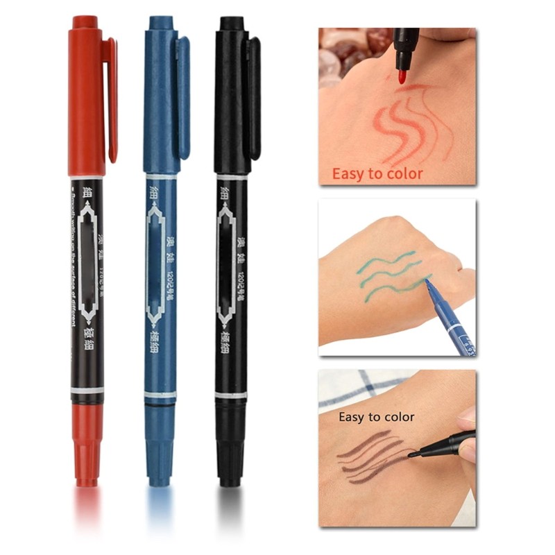 3pcs Leather Tattoo Marker Screed Dual Tip Permanent Tattoo Piercing Pen Tool Body Art Supply