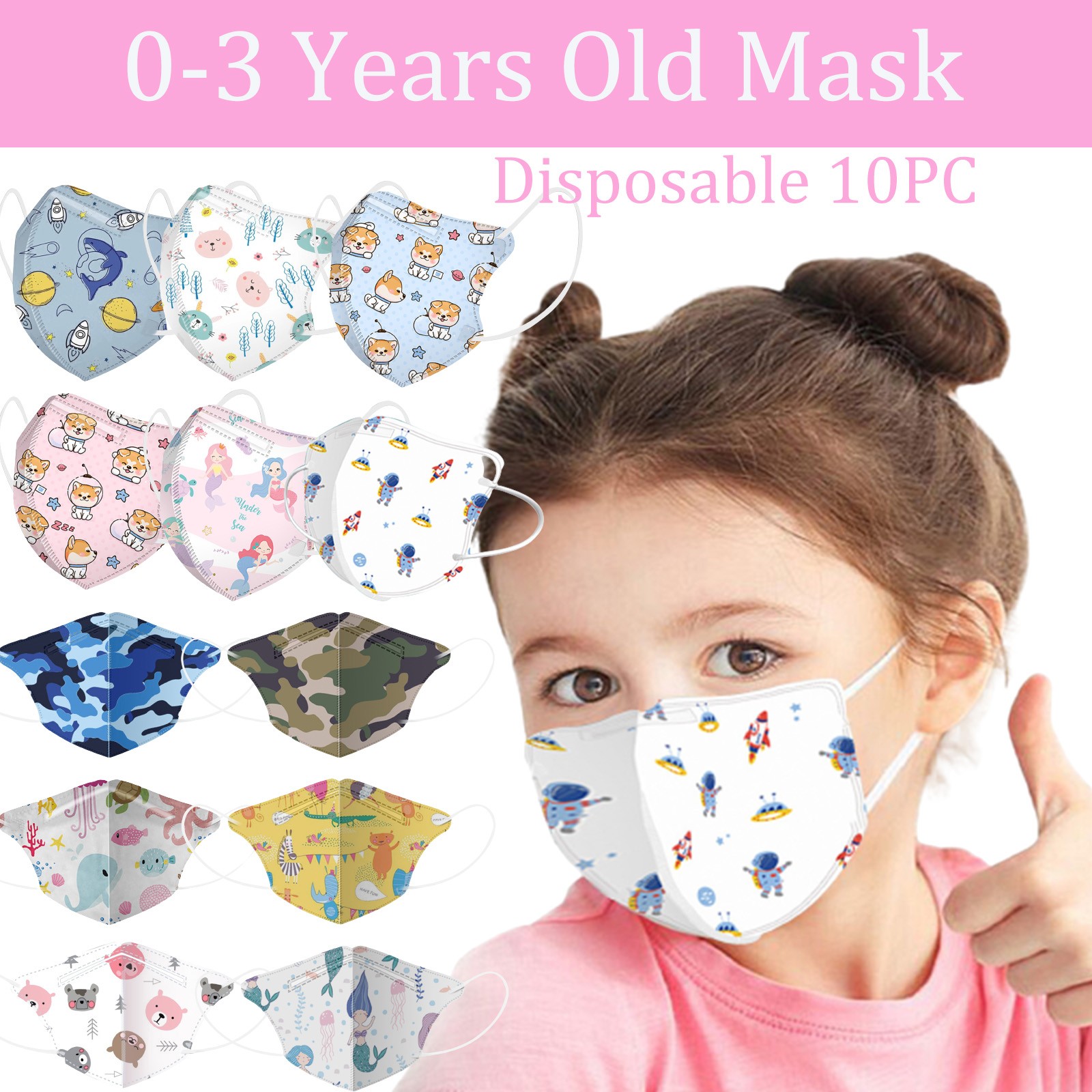 23 Styles 10pcs Kids Masks Children Baby 0-3 Years Old Mask Disposable Face Mask Camouflage Animal Print 4ply Ear Loop Masks