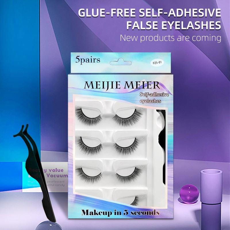 5 Pairs - Reusable Self Adhesive False Eyelashes With Adhesive Tape Natural Waterproof Eye Lashes To Wear No Glue Needed