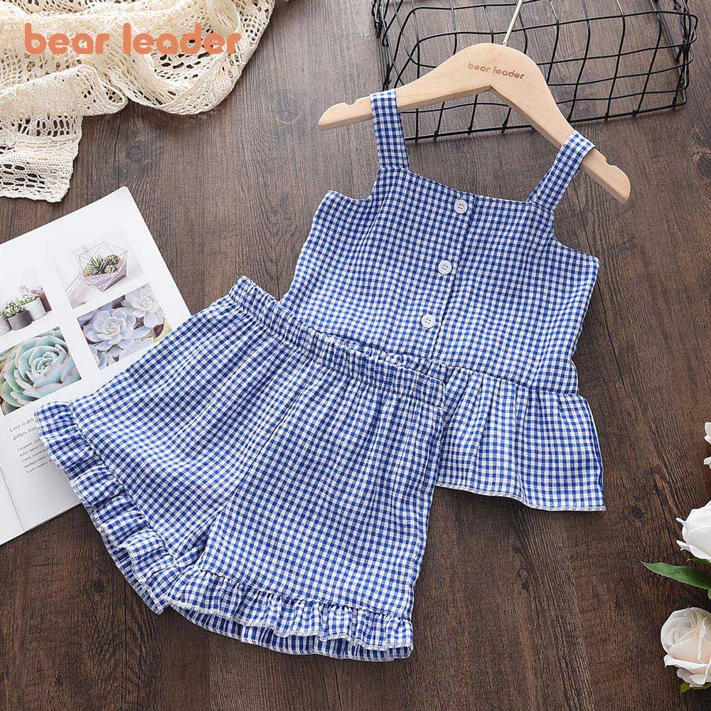 Bear Leader Baby Girls Clothes Sets Summer Plaid Print Girl Sleeveless T-shirts Vest Pants 2pcs Casual Outfits Kids Clothes