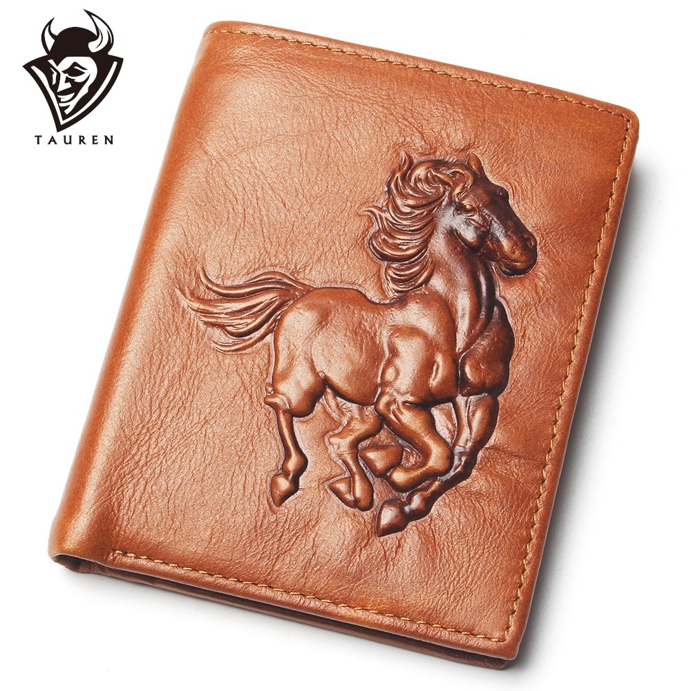 Genuine leather men's leather wallet, men's genuine leather wallet, delicate embossed horse design, foldable card holder