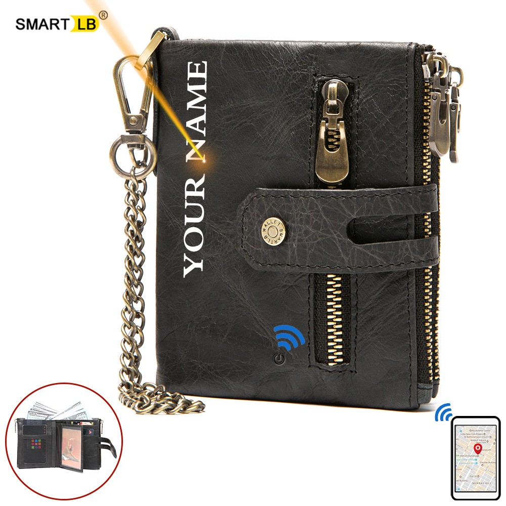 Smart Wallet GPS Record Bluetooth Free Shipping Engraving Gift Coin Purse Chain Genuine Leather Card Holders Men Zipper Clutch