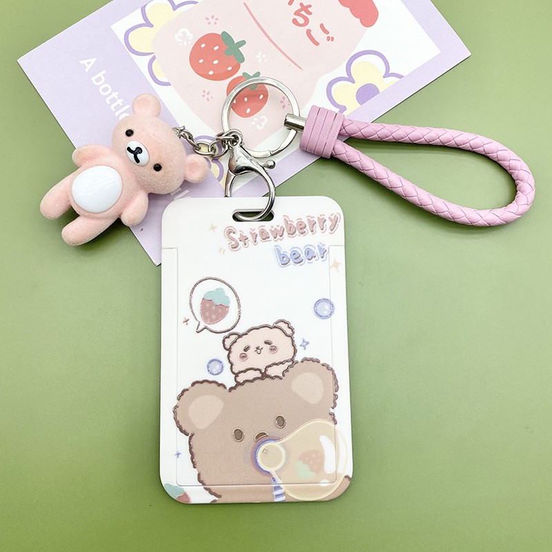 New Cute Cartoon Flocking Bear ID Credit Bank Card Holder Student Keychain Bus Card Case ID Badge Cover Women Men Pendants