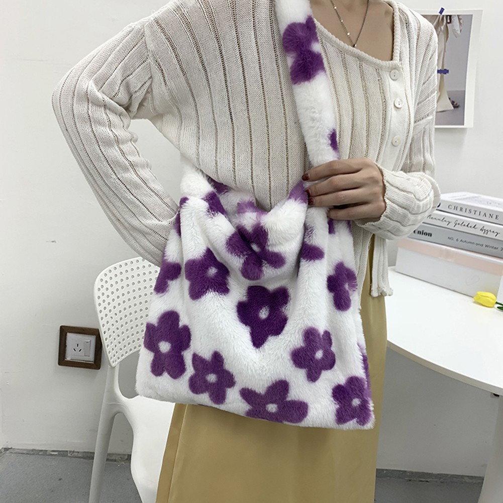 INS Women Flower Print Shoulder Bags Winter New Soft Plush Bucket Bags Female Open Pocket Crossbody Furry Fluffy Tote Bags