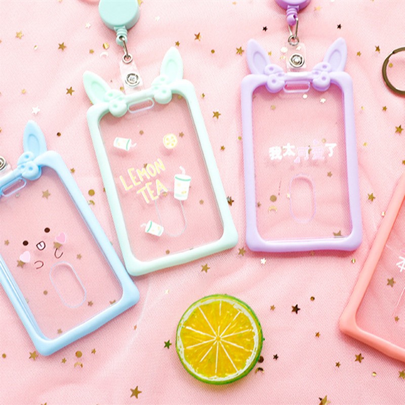 Cute Ear Card Holder Retractable Piggy Milk Bottle Student Card Holder Bus Pass Cover Keychain Card Badge Storage Bag