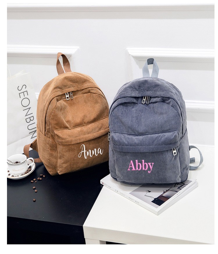 Personalized corduroy black navy khaki gary student backpack embroidered custom large capacity school bag for students and adults