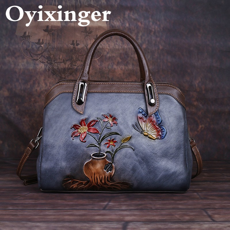 OYIXINGER Vintage Women Bag Genuine Leather Retro Women Shoulder Bags China Style Handmade Ladies Handbag Embossed Boston Bags