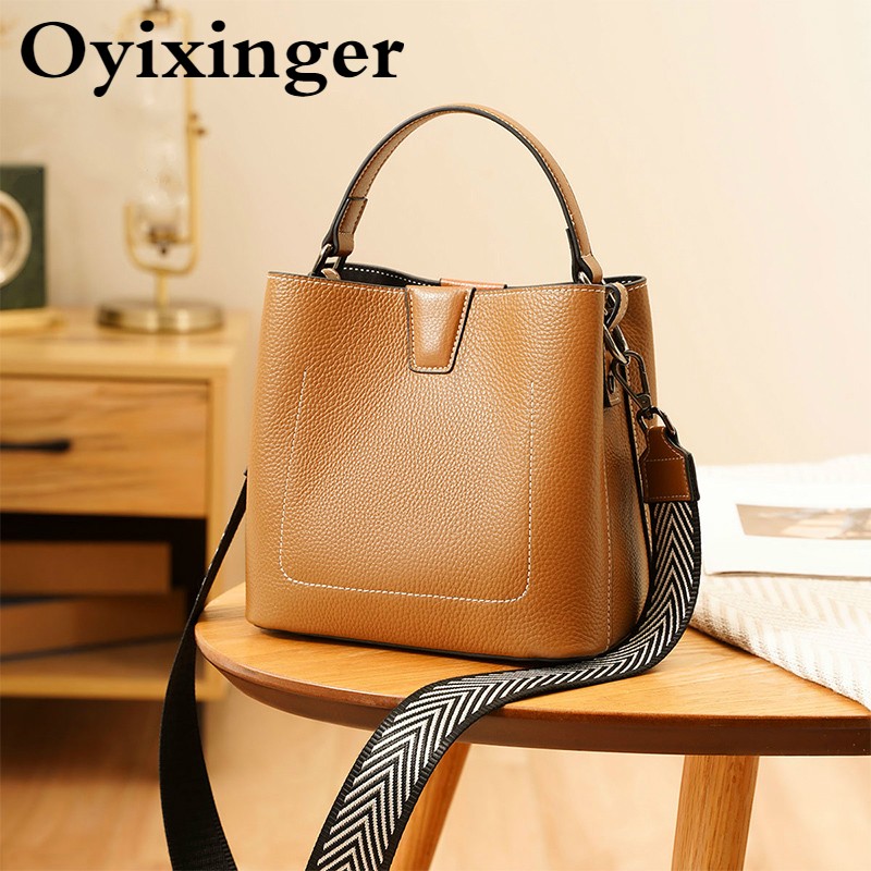 OYIXINGER Women's Luxury Shoulder Bag Leather Wristwatches Classic Bucket Bag Lychee Crossbody Bags Chic Ladies Handbag