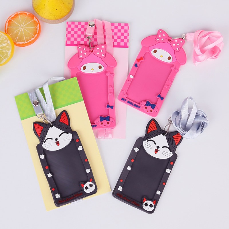 Cute Cartoon Bank Credit Card Holders Women Girl Silica Gel Neck Strap Wallet Card Bus ID ID Badge Lanyard