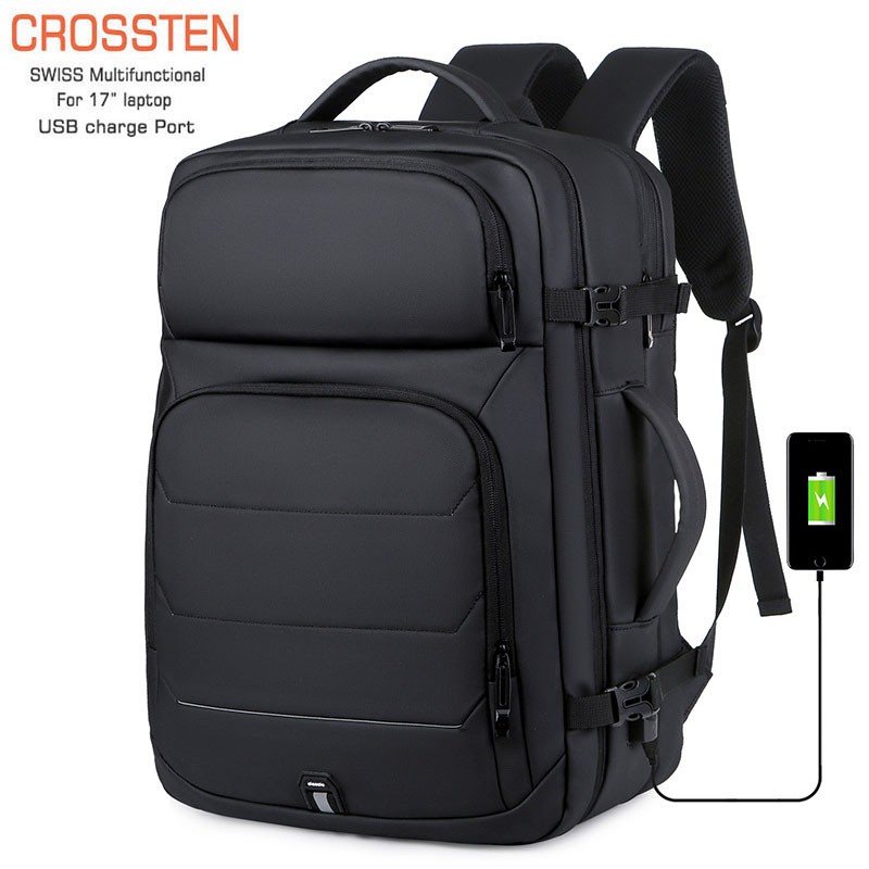 حقيبة ظهر رجالي سعة كبيرة من CROSSTEN 40L قابلة للتمدد مع منفذ USB لشحن الكمبيوتر المحمول مقاس 17 بوصة حقيبة سفر للأعمال قابلة للتمدد مقاومة للمياه