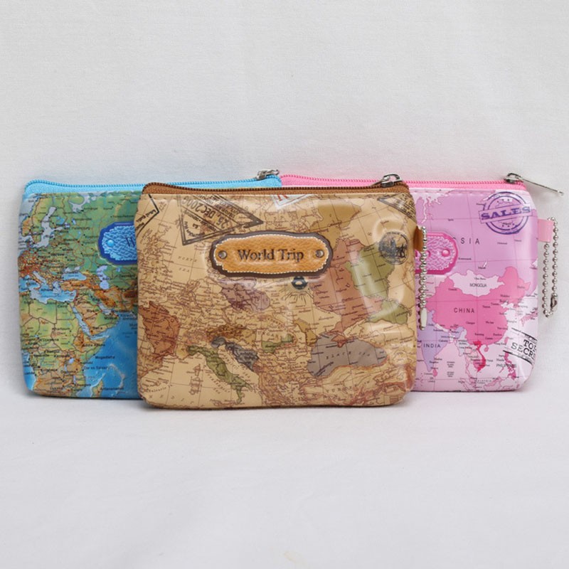 3D World Map Mini Wallet Small Zipper Wallet Personal Portable Wallet