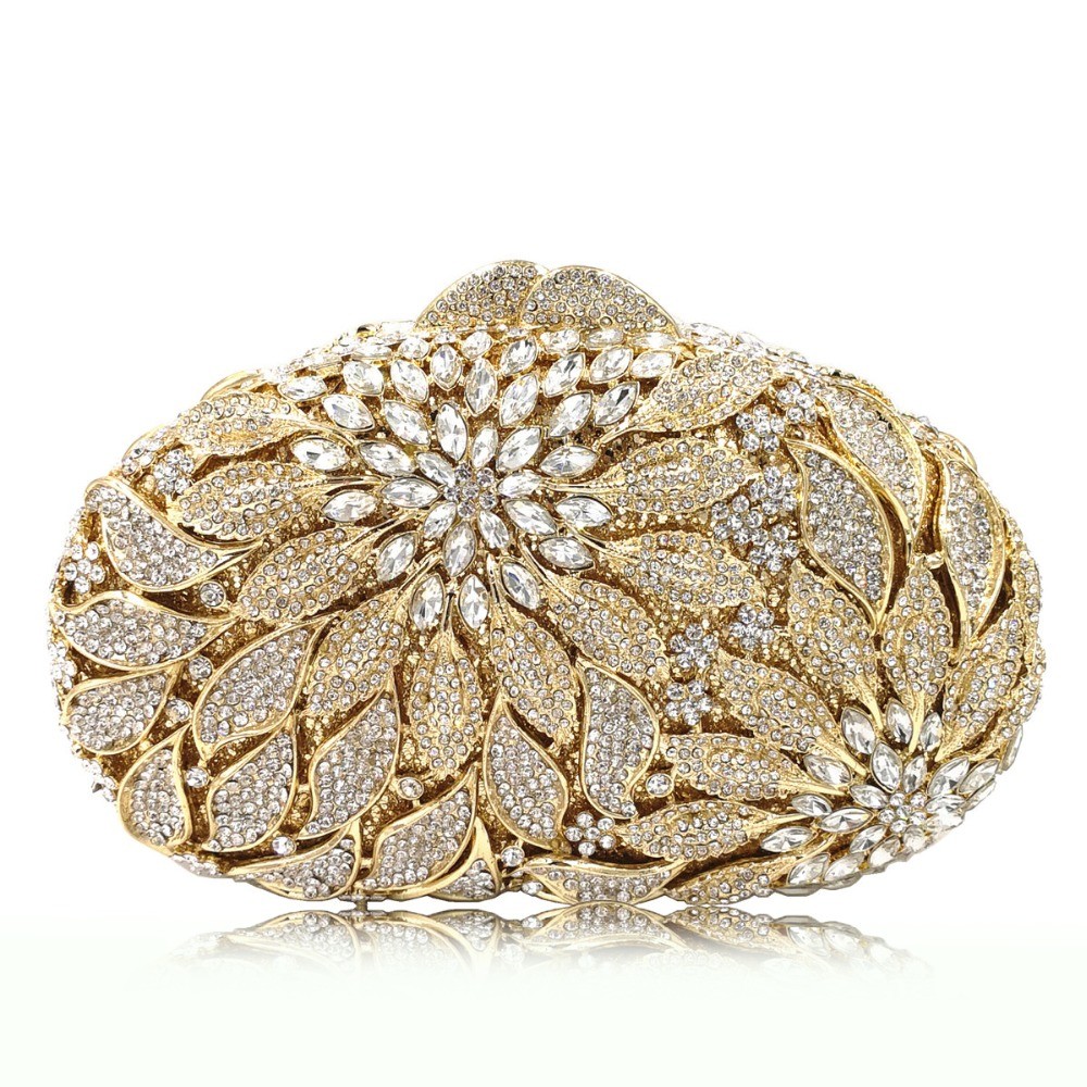 Gold Metal Leaves White Crystals Evening Bags Luxury Women Wedding Party Purse Ball Bag Rhinestone Mini Minaudio Ere