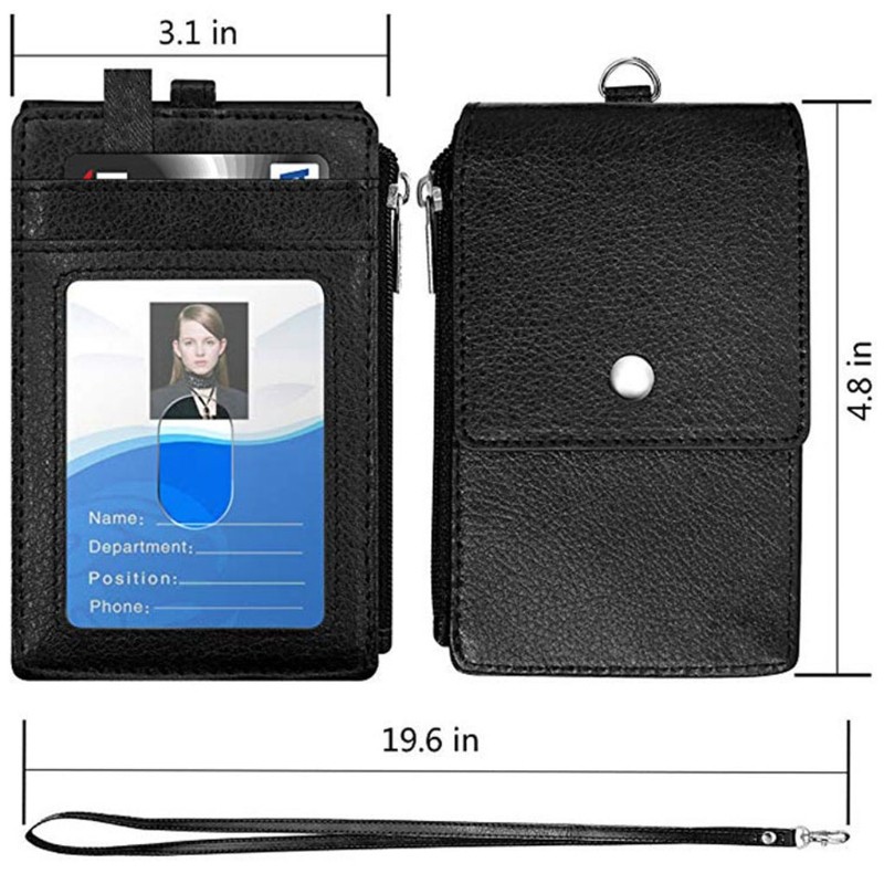 Badge Holder with Zipper, PU Leather ID Badge Card Holder Wallet with 5 Card Slots, 1 Side RFID Blocking Pocket and 20 Inch Neck