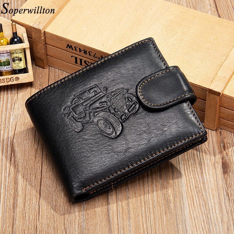 New Men's Genuine Leather Wallet Purse Holder Vintage Business Short 2 Fold Embossing Purse Male Zipper Coin Hasp Purse Money Bag