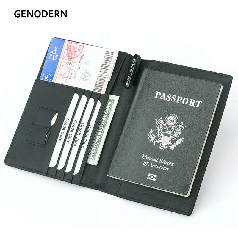 Carbon Fiber Microfiber Rfid Passport Cover Leather Elastic Strap Travel Document Holder ID Passport Bag