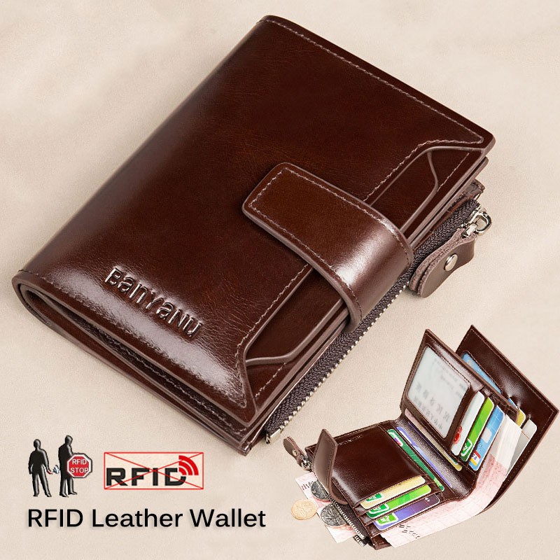 Men's Genuine Leather RFID Blocking Trifold Wallet Short Vintage Multifunctional Credit Card Holder Coin Zipper Pocket Money Bags