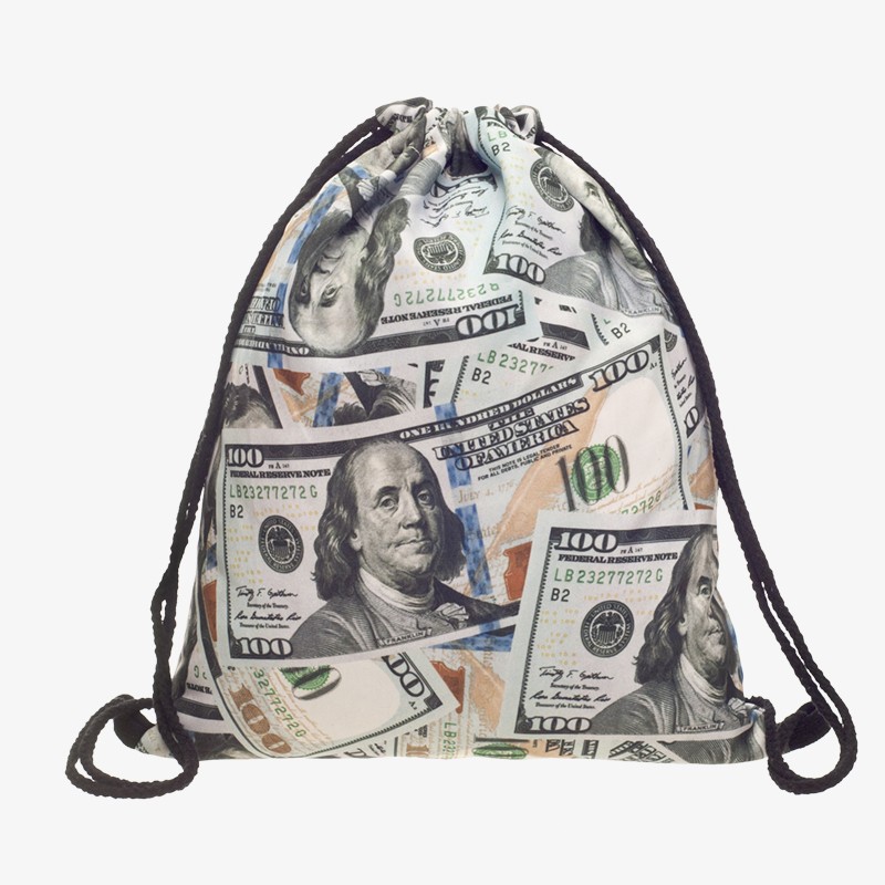 US Dollars 3D Print Drawstring Backpack Fashion Silver Mochila Cuerda Out The Door Drawstring Backpack Women Men Modis String Bag Girl