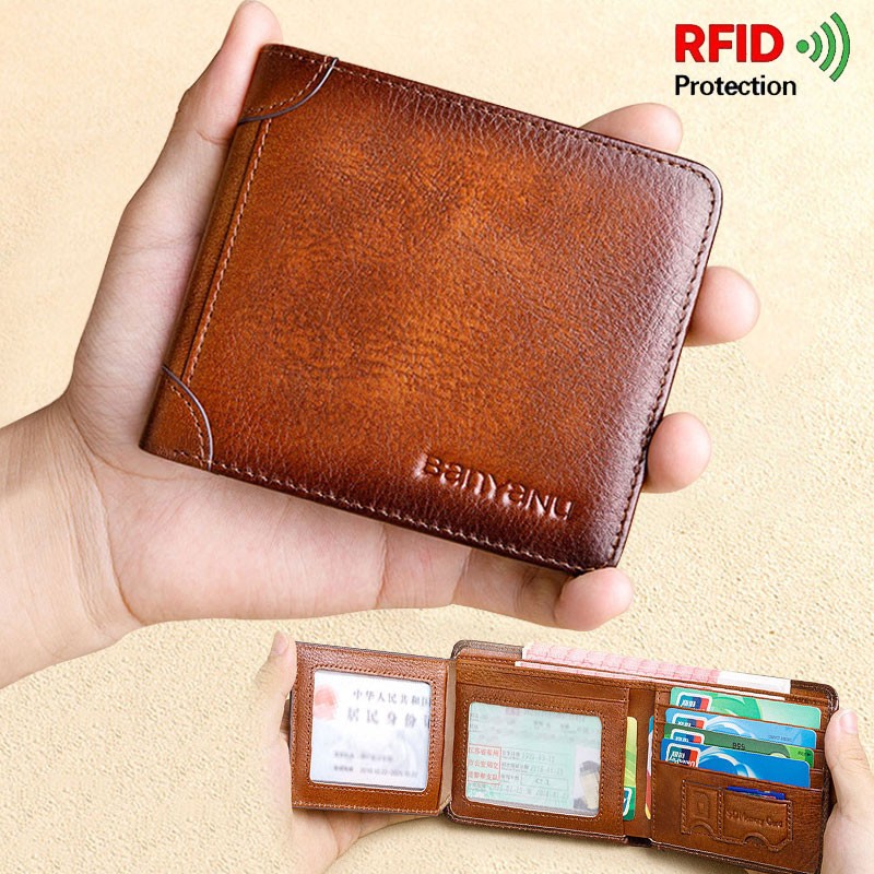 Men's Rfid Blocking Genuine Leather Bifold Wallet Vintage Slim Short Multifunctional Large Capacity Cowhide Wallet Money Clip