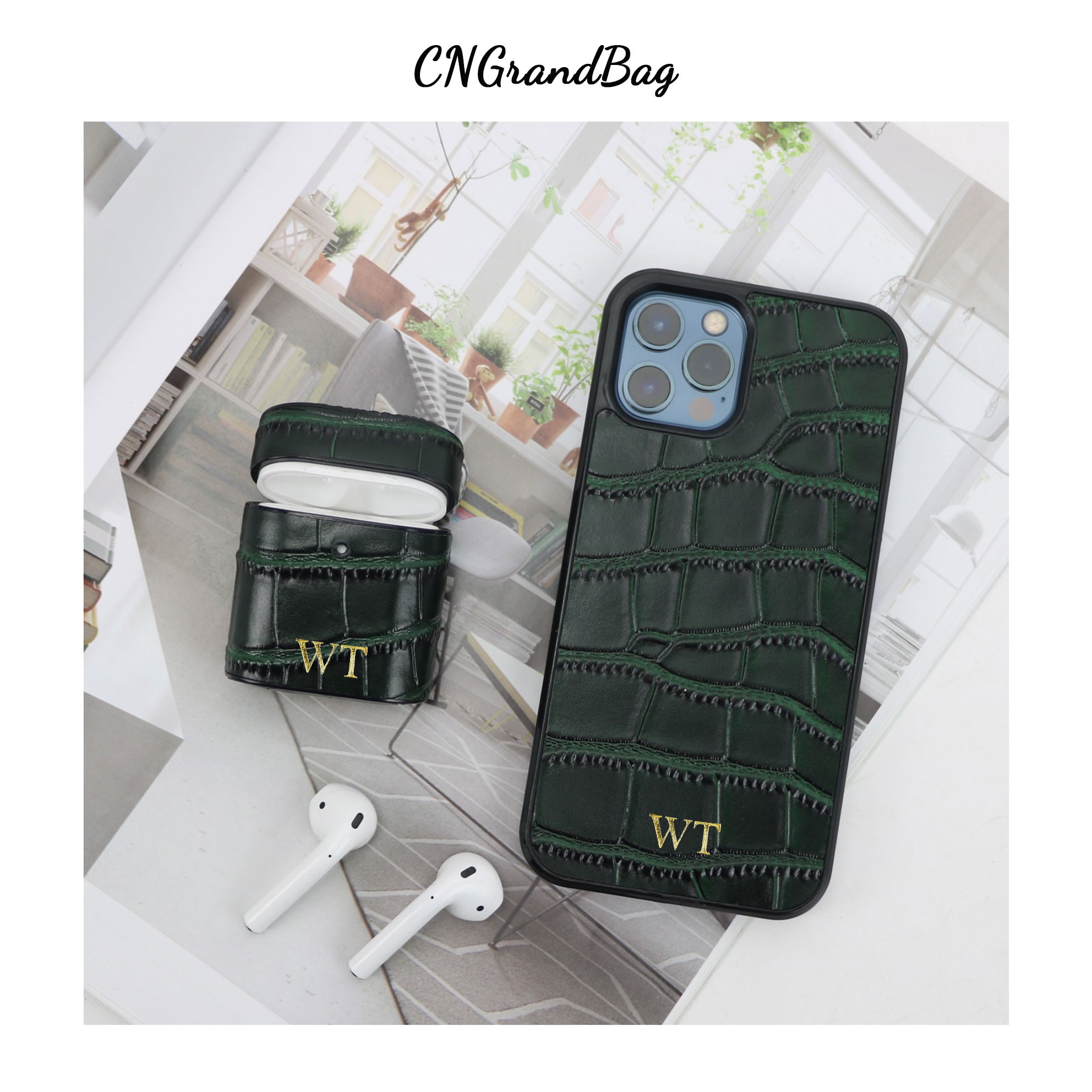 Customized Crocodile Pattern Leather Case For Airpods 1 2 Pro Protective Cover For Airpods Leather Cover For iPhone 12 13 ProMax