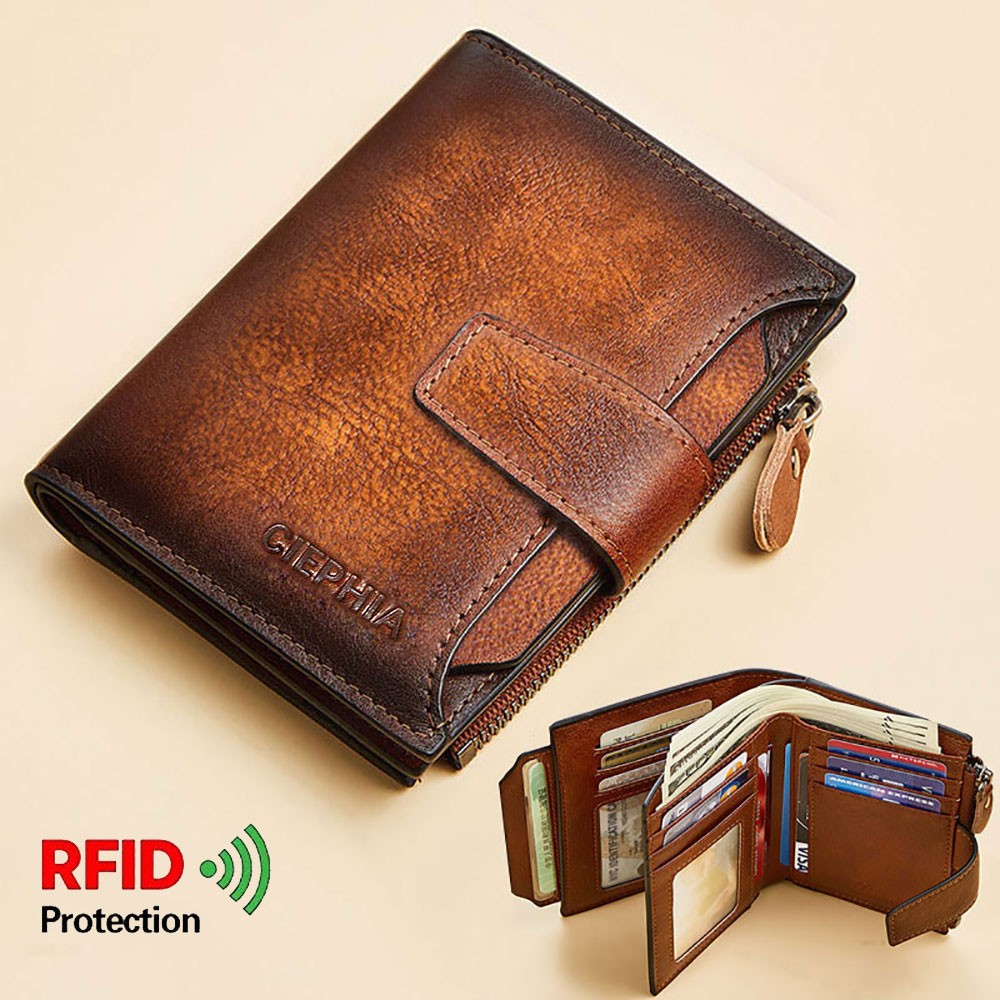 Men's Genuine Leather Wallet Vintage Short Multifunctional Business Card Holder RFID Blocking Zipper Coin Pocket Money Clip