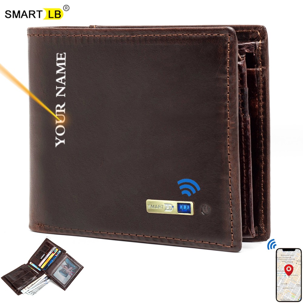 Smart Anti-lost Wallet Compatible Leather Short Credit Card Holders Male Coin Purse Genuine Leather Men Wallets Free Engraving