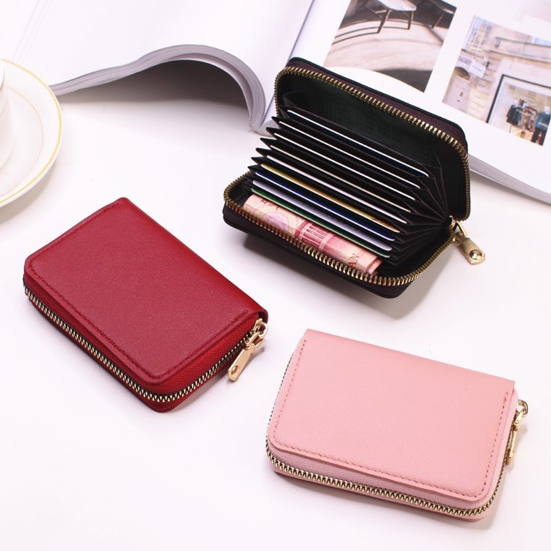 Women PU Zipper Cash ID Card Credit Card Holder Pure Color Business Card Case Name Card Holder Card Holder