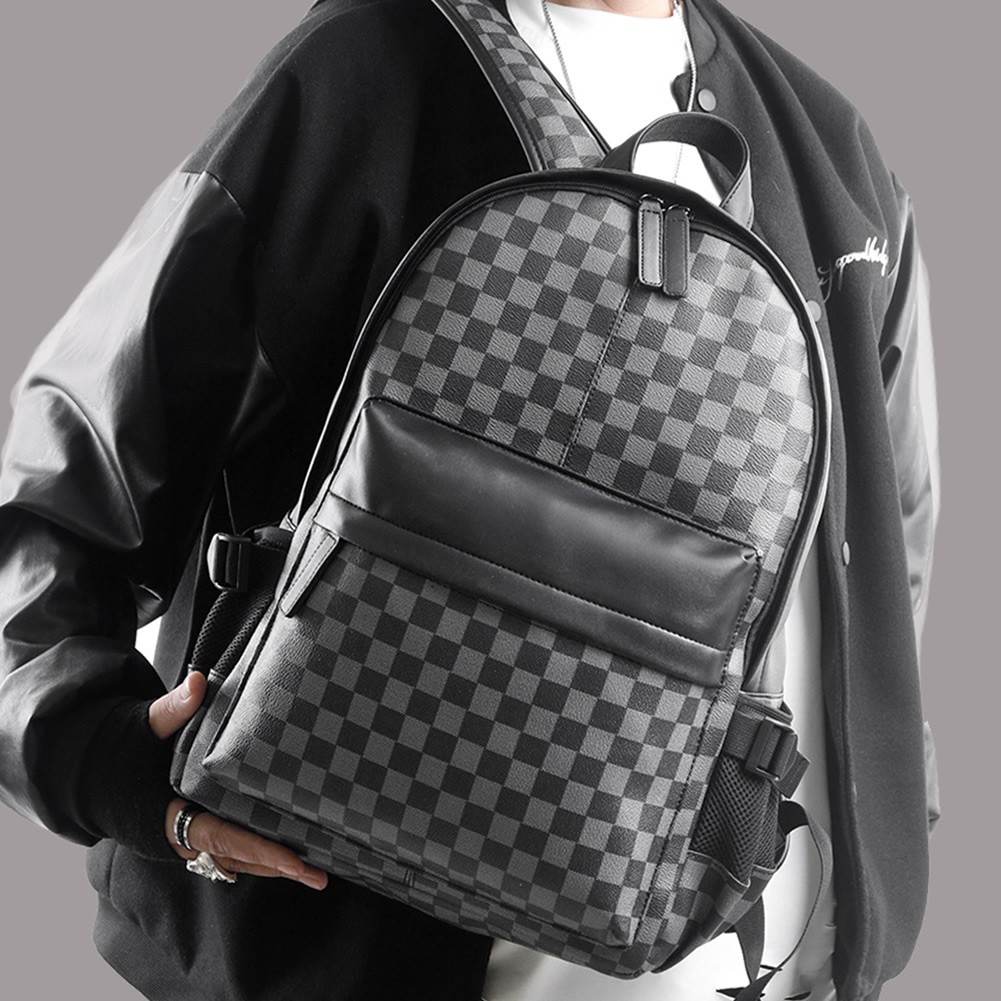 Fashion Classic Plaid Korean Version Large Capacity Backpacks PU Leather Waterproof Travel Bag Urban Business Men's Schoolbag