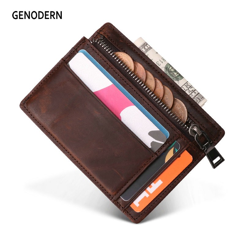 GENODERN New Mini Card Holder With Zipper Coin Pocket Mini Wallet Men Small Wallet Male Functional Card Wallet