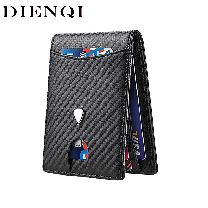 DIENQI Carbon Fiber Men Wallets Card Holder Rfid Money Bag Short Bi-fold Leather Small Size Wallet Male Wallet Smart Walet Black