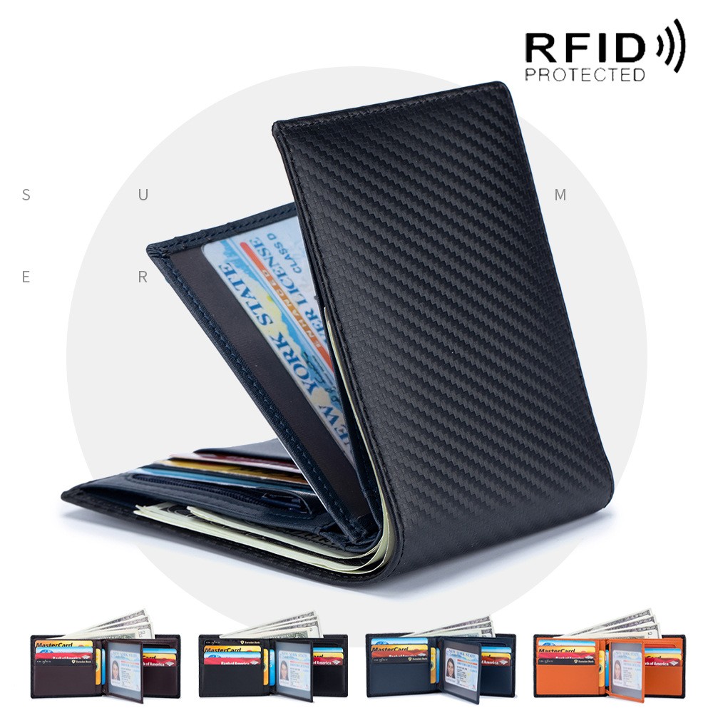 DIENQI - Genuine Leather Men Wallet Genuine Leather Men Wallet Rfid Carbon Fiber Small Wallet Slim Card Holder