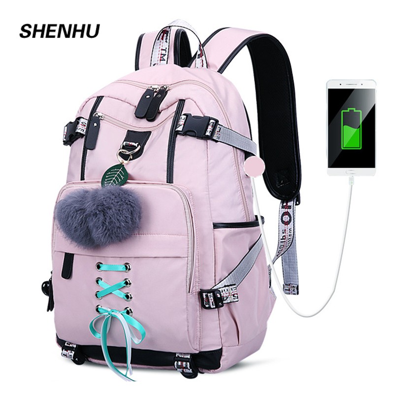 Anti-theft Backpack Woman Laptop Bag External USB Charge Computer Backpacks Waterproof School Bag For Teenage Girls Black Pink