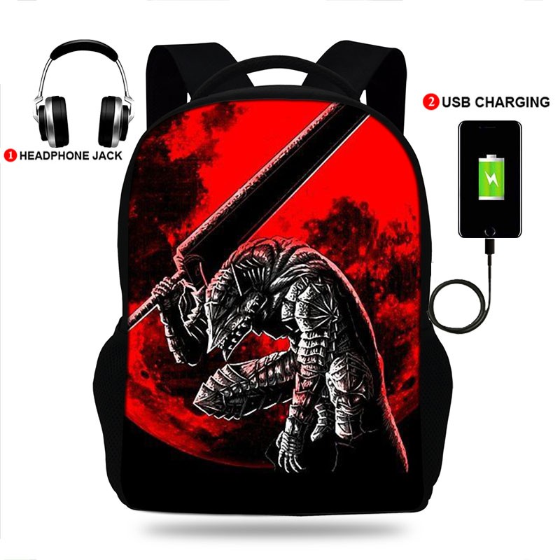 USB Charge Student Backpack Kids Berserk Guts Manga Swordsman School Bag Teenagers Anime Backpack Adult Travel Laptop Mochila