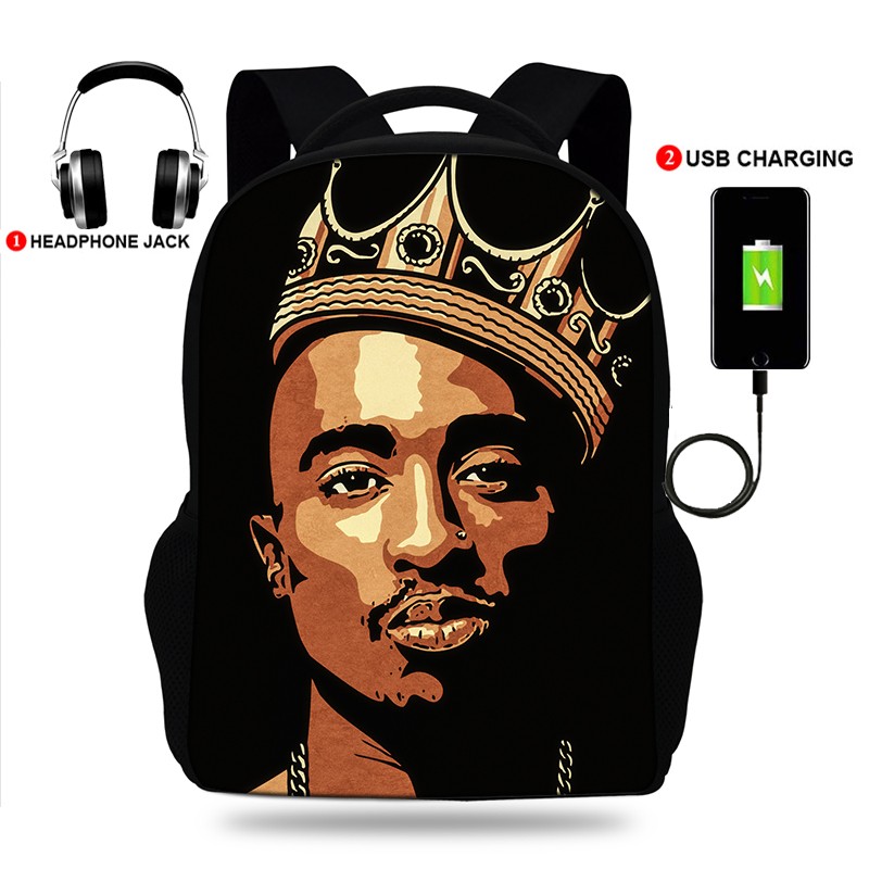 USB Port Book Bag Student School Bag For Boys Girls Travel Rapper Tupac Backpack