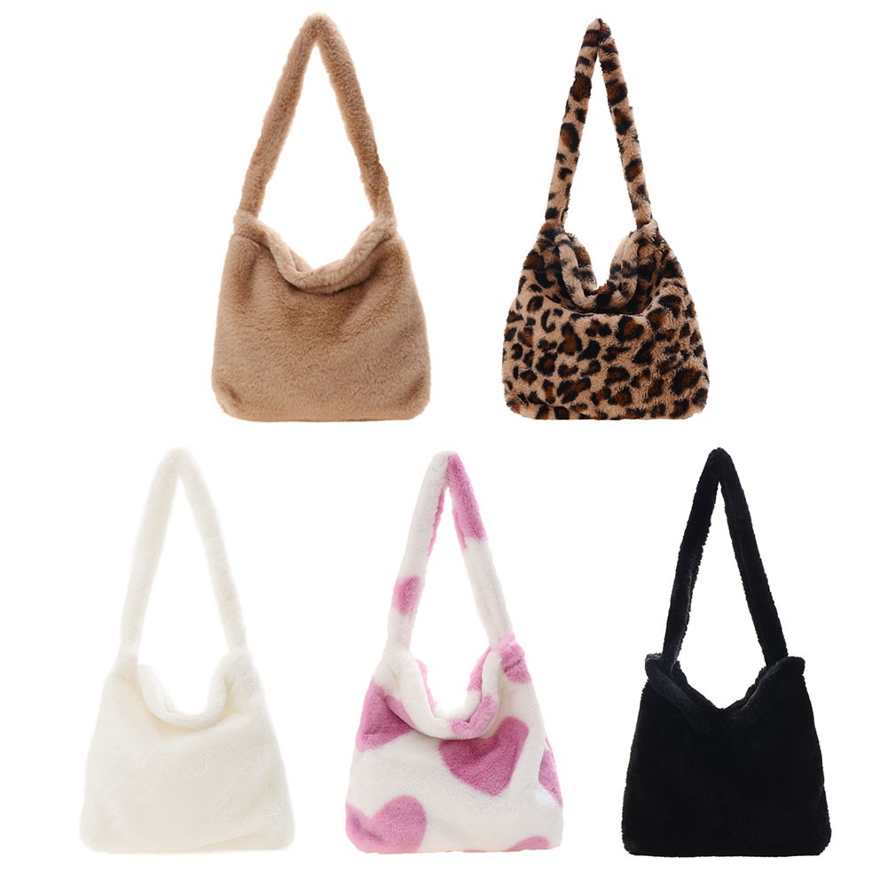 Love Heart Print Bags for Women 2021 Soft Plush Shoulder Bags Female Leopard Pattern Handbag Winter Warm Fluffy Bucket Bags