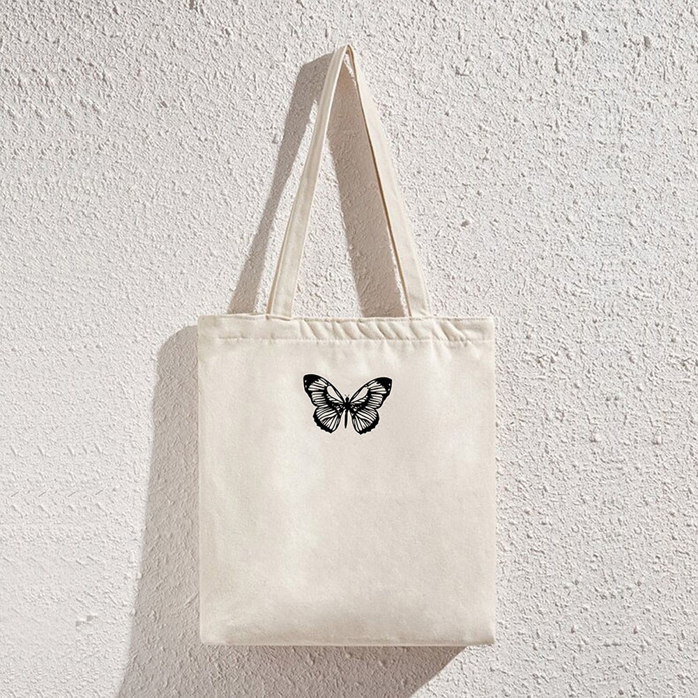 Butterfly Letters Printed Shopping Bags Women Canvas Cotton Cloth Shoulder Bags Women Eco Reusable Grocery Shopper Handbag