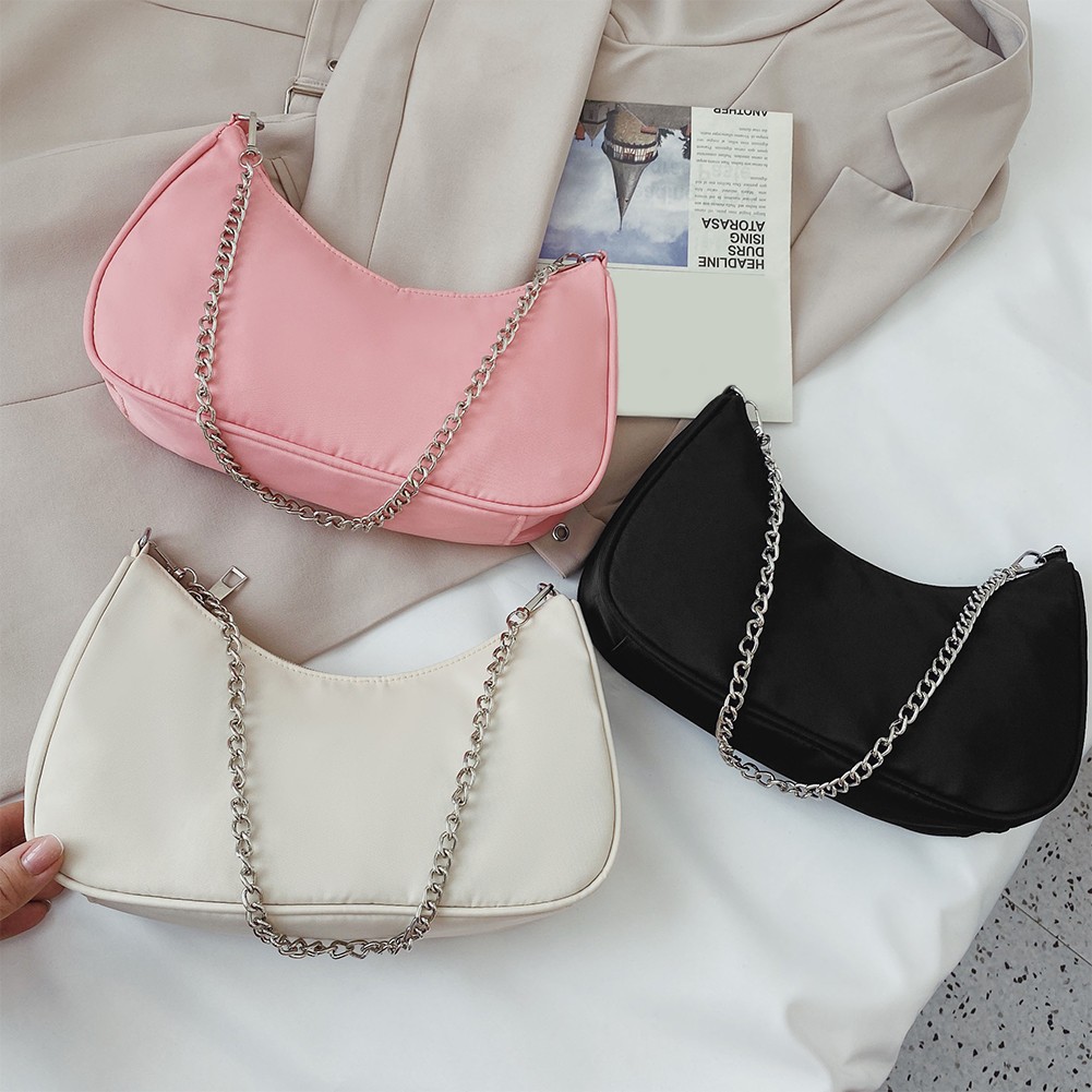 Fashion Young Women's Purses Handbag Solid Color Casual Small Underarm Bag Female Chain Shoulder Pouch Ladies Nylon Top-handle Bags