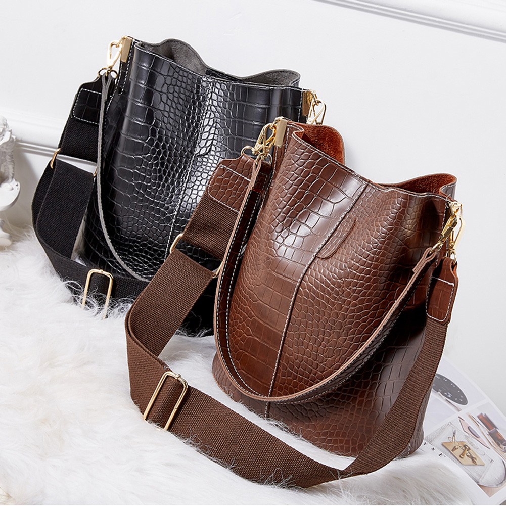 Large Capacity Women Crossbody Bags Leather Bucket Bag Crocodile Pattern Shoulder Bag