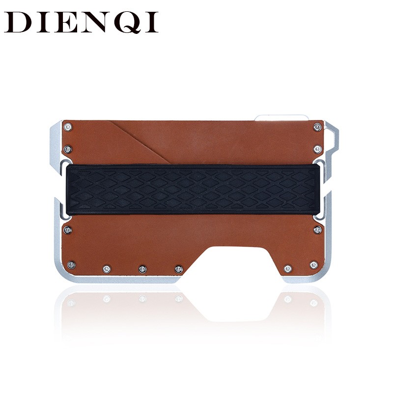 DIENQI Rfid Genuine Cow Leather Men Wallet Aluminum Metal Wallet Slim Mini Card Holder Magic Wallet Short Small Money Walet