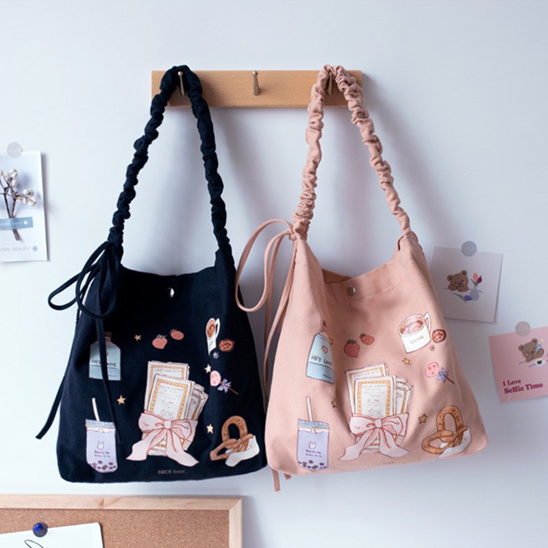 cute purse shoulder bags tote bags 2021 high quality fashion sweet japanese style cartoon pleated bow women shopper canvas bags