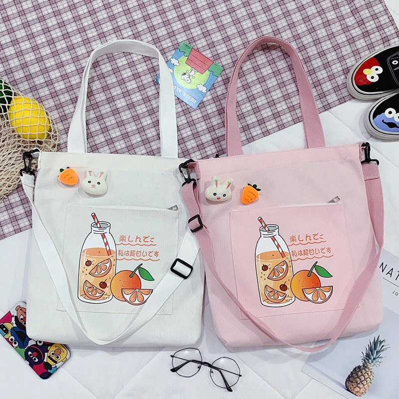 2021 women canvas shopper bag with print shopper tote bag girls summer bags female cartoon orange shoulder bag school bag