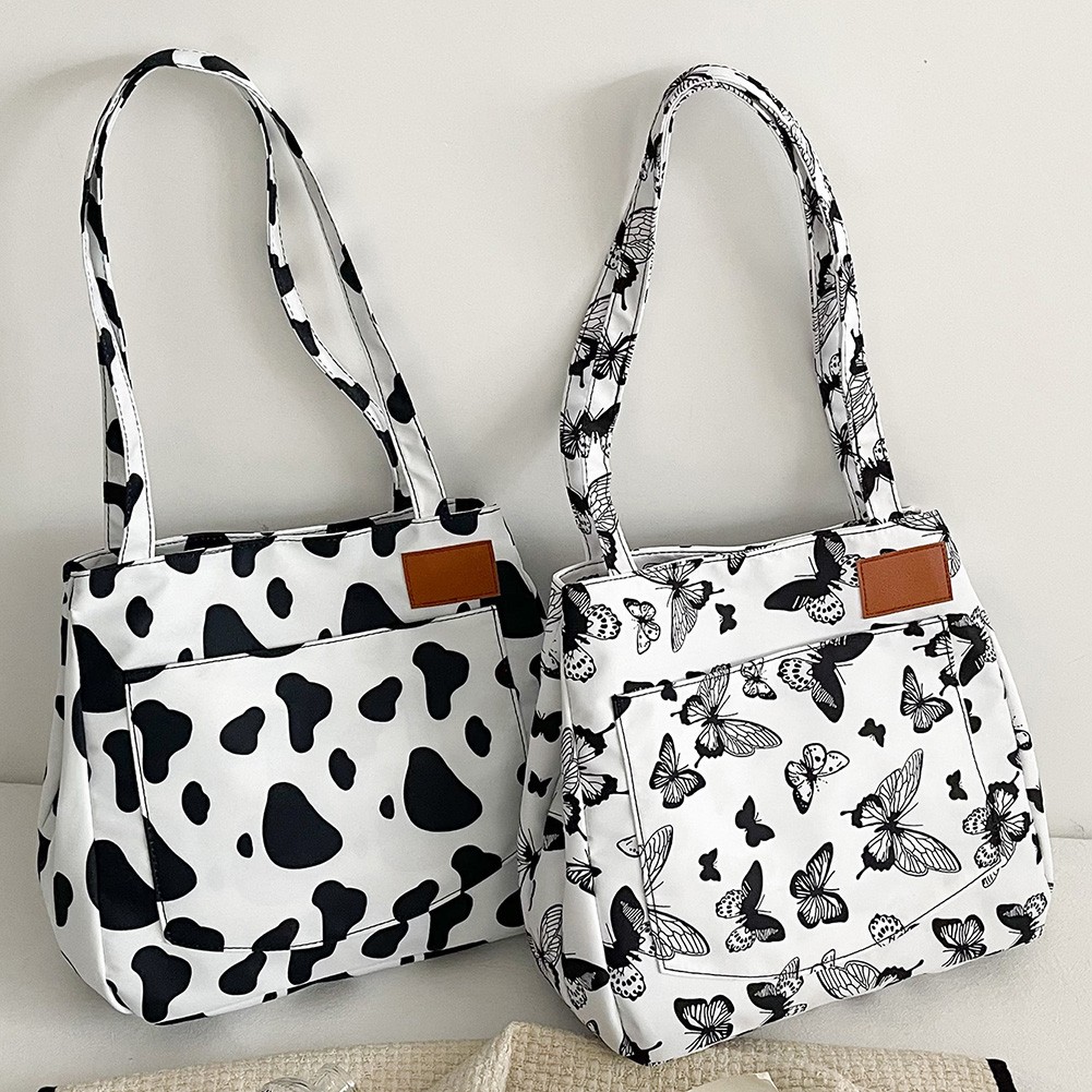 Women Oxford Cloth Shoulder Bag Fashion Cow Leopard Print Tote Bag Butterfly Pattern Bucket Bag Girls Double Layer Handbags