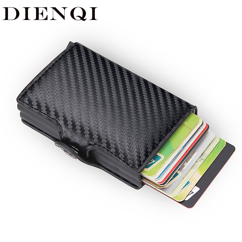 DIENQI- Genuine Leather Anti-Rfid Card Holder for Men Simple Male Wallet Aluminum Metal Card Holder