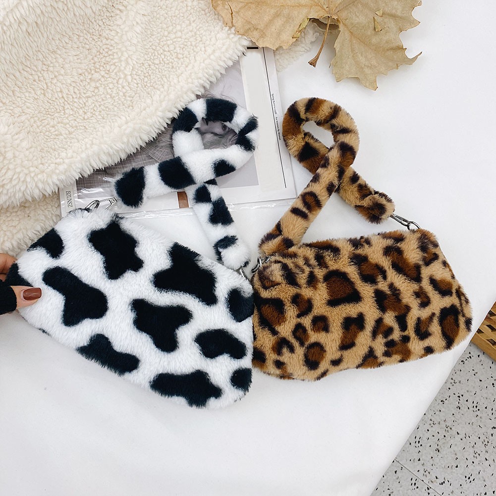 Fashion Women Cow Print Small Shoulder Bags Female Winter Plush Underarm Bags Leopard Zebra Pattern Fluffy Tote Bags Small Purses