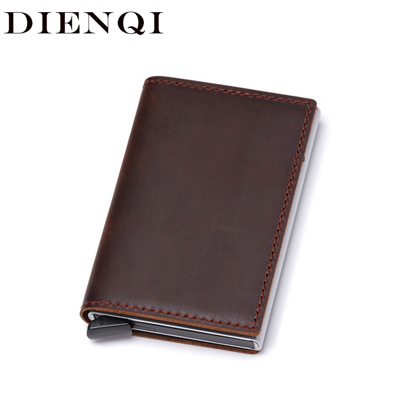 DIENQI Genuine Leather Skin RFID Credit Card Holder Metal Men Wallets 2022 Badge Pilot Card Holder Mini Card Wallet